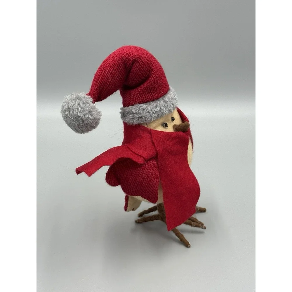Holiday Bird In Christmas Santa Hat Cap Scarf 7 Inch Figurine Standing